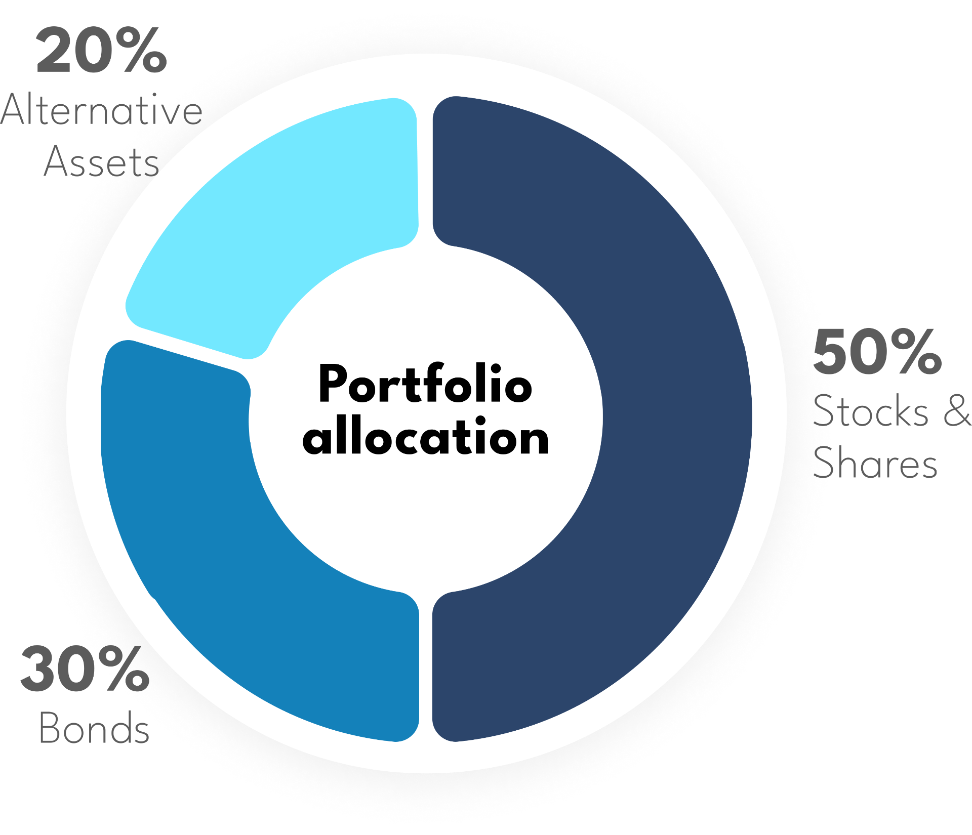 Donut chart showing a sample portfolio allocation: 50% stocks and shares, 30% bonds, 20% alternative assets