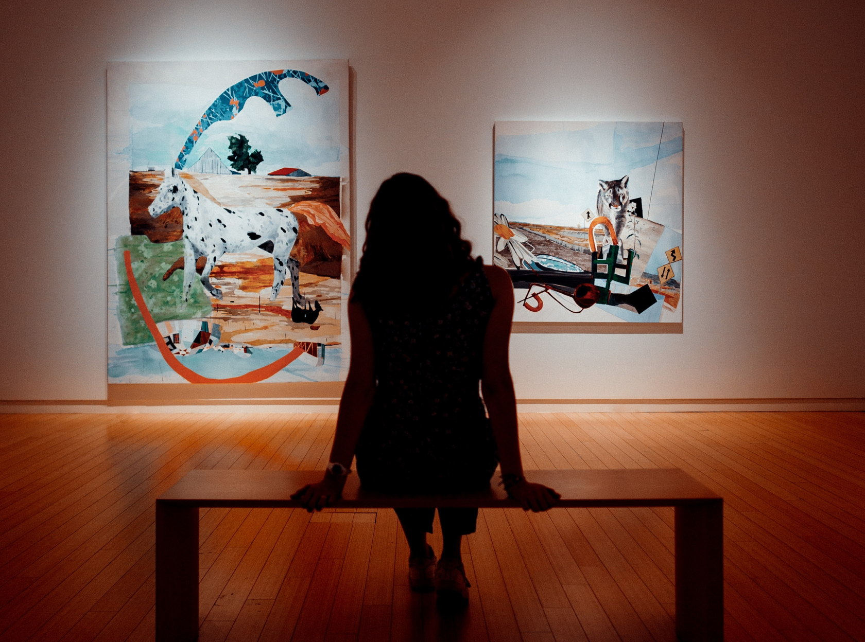 Person viewing contemporary art in a gallery