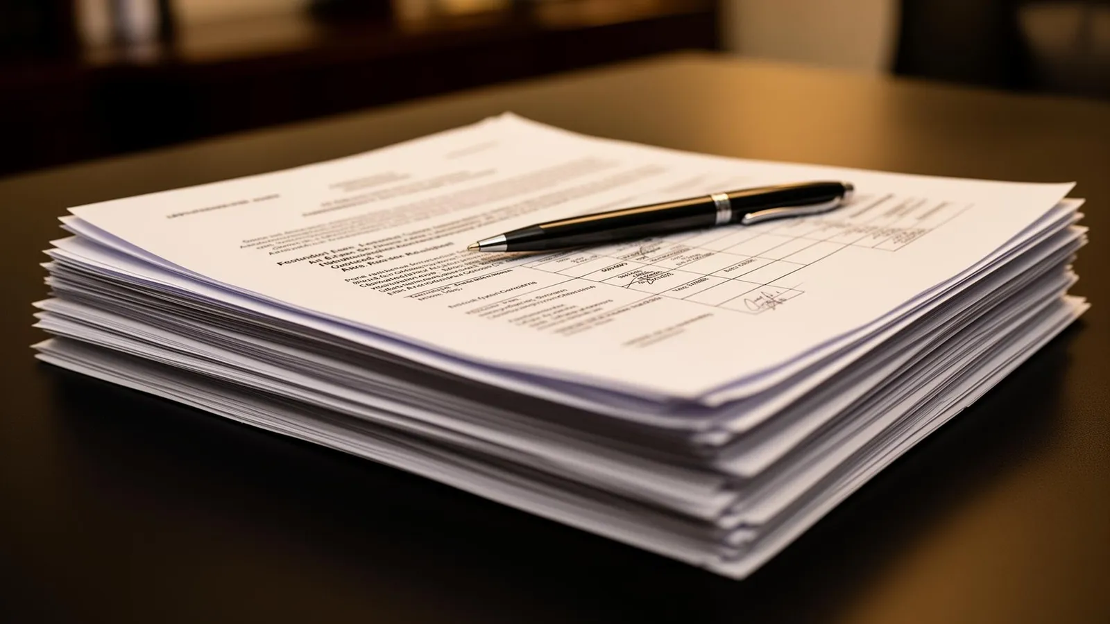 Stack of financial contracts and legal documents with a pen resting on top on a dark desk