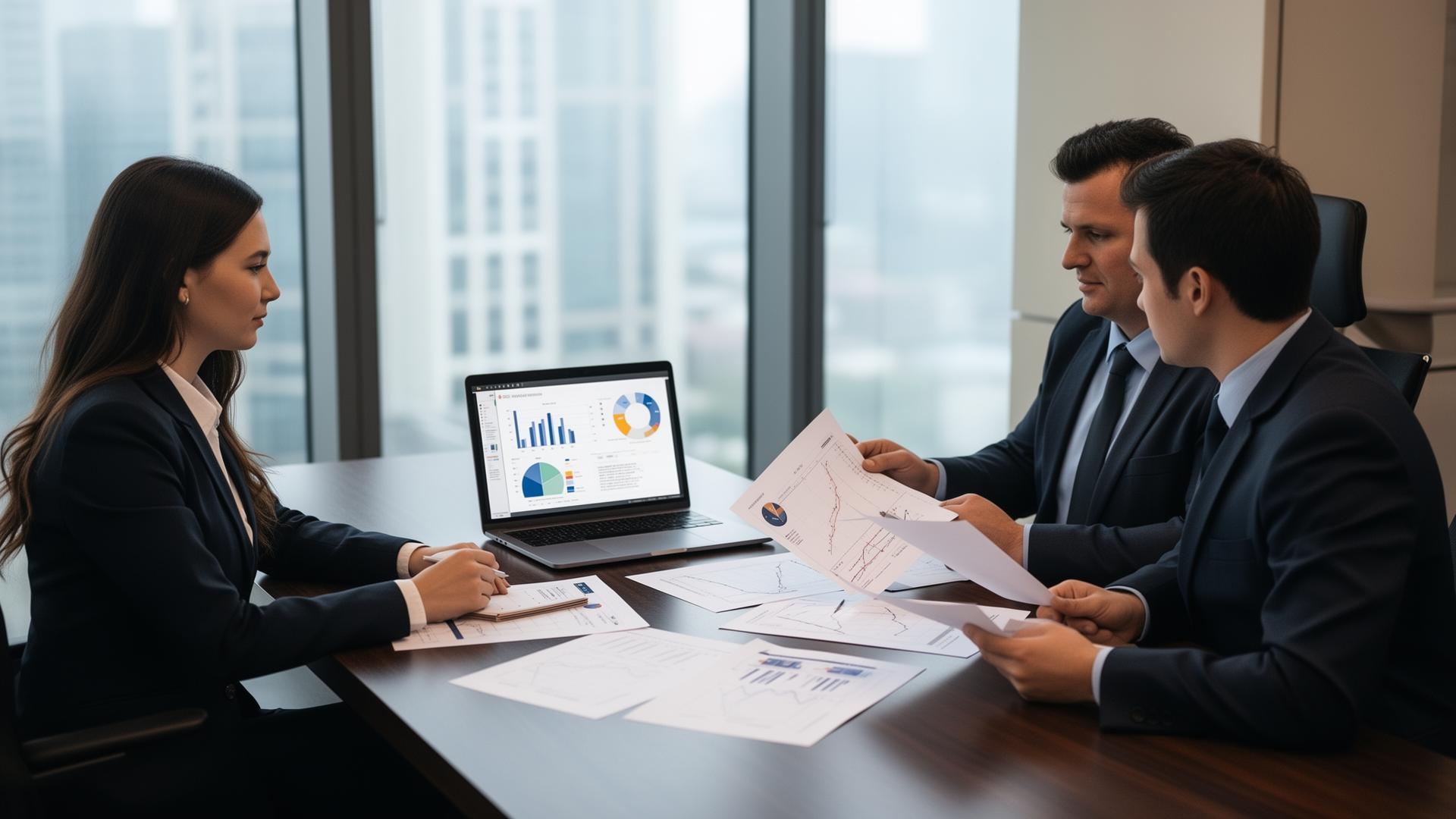 Business professionals reviewing financial documents and charts in a modern office meeting