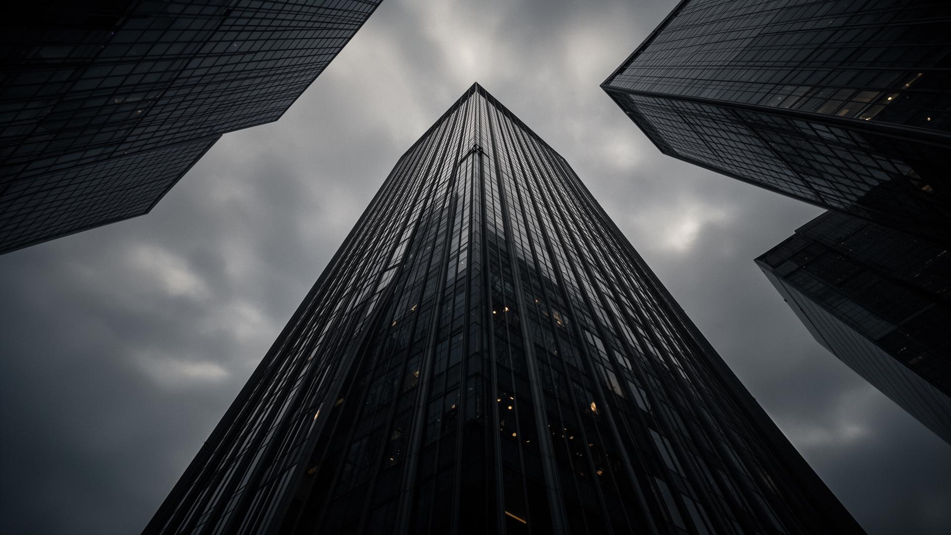 Modern financial district skyscraper shot from below against a moody sky, representing institutional private credit