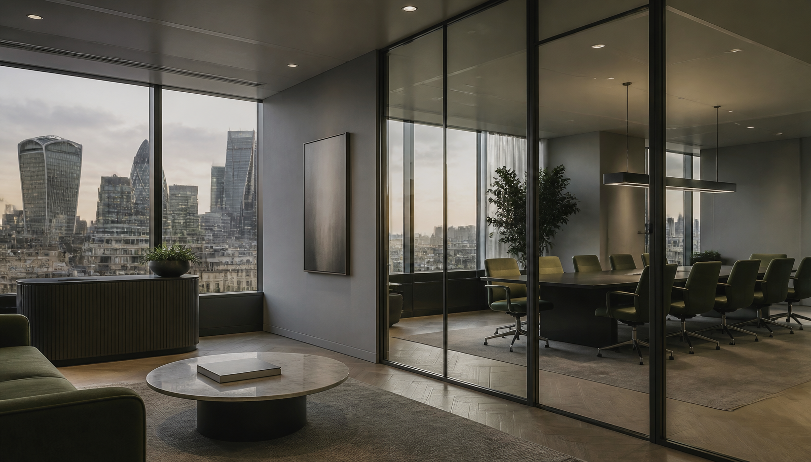 Empty glass-walled meeting room in a London asset management office at dusk, with the City skyline beyond